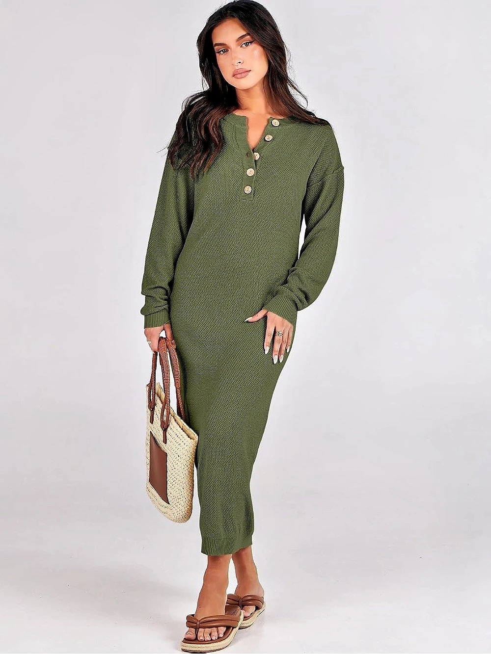 Anrabess Waffle Knit Button V-Neck Sweater Midi Dress Earthy Boho Olive Green La